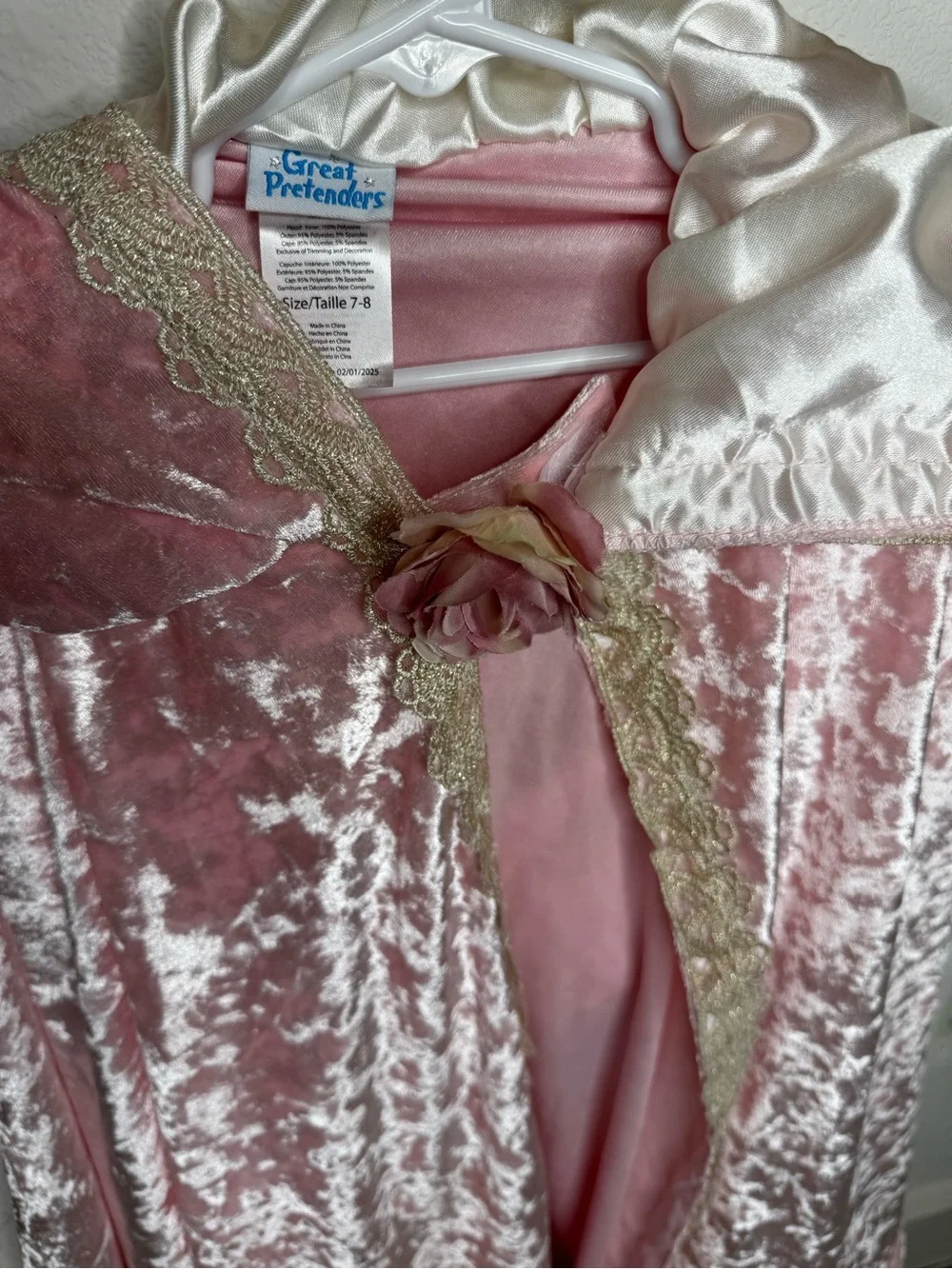 Pink Velvet Princess Cape with Satin Hood and Rose Accent